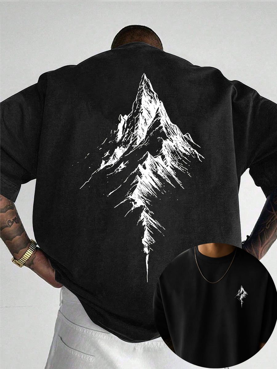 Men's 100% Pure Cotton T-Shirt, Minimalist Mountain Print, Soft and Breathable, Suitable for All Seasons, for Daily Casual and Commuting Wear - Black