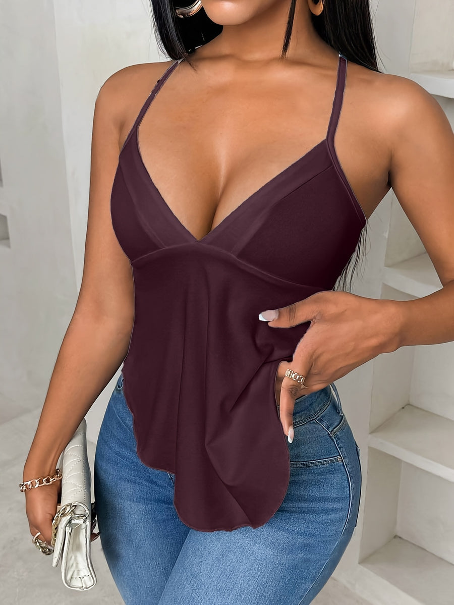 Women's Solid Color Camisole T-Shirt, Sexy Women's Summer Casual Backless Top, Simple Daily Long Strap Camisole - Deep Purple