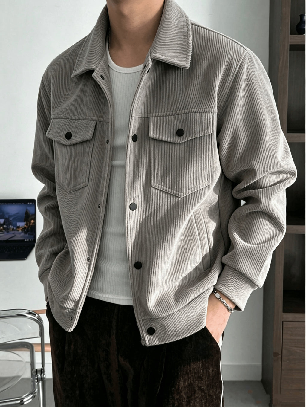 2pcs Men's Lapel Snap Button Jacket, Corduroy Texture Multi-Pocket Outerwear, Autumn/Winter Simple Vintage Casual Men's 2pcs Set - Blue+gray