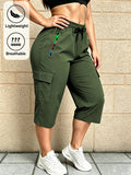 Women's Y Casual Cropped Shorts with Elastic Waist, Drawstring, Zipper, and Multiple Pockets. Lightweight Cargo Cargo Pants Suitable for Training, Mountaineering,, Travel,, and Daily Commuting - Green