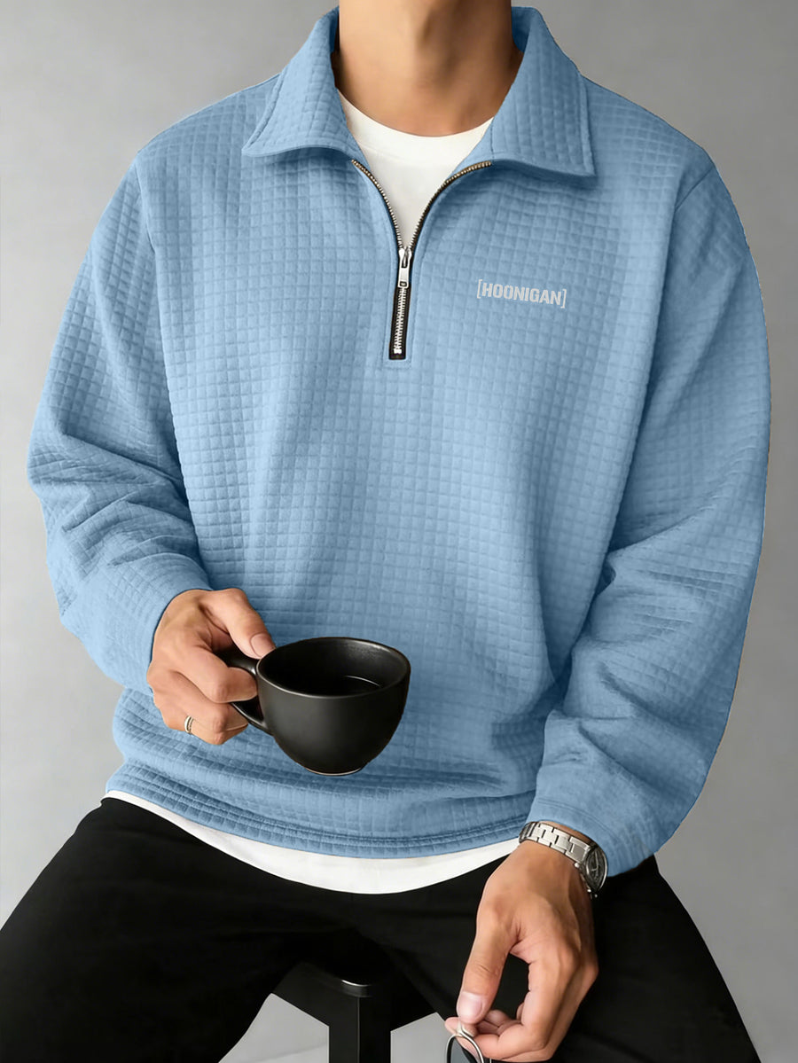 HOONIGAN Men's Printed Half-Zip Fashion Waffle Knit Texture Autumn/Winter Simple Casual Versatile Sporty POLO Shirt Sweatshirt, New Autumn/Winter Long-Sleeve Lapel Top, Comfortable and Breathable Fabric, Valentine's Day Gift, Preferred Birthday Gift - Sky Blue
