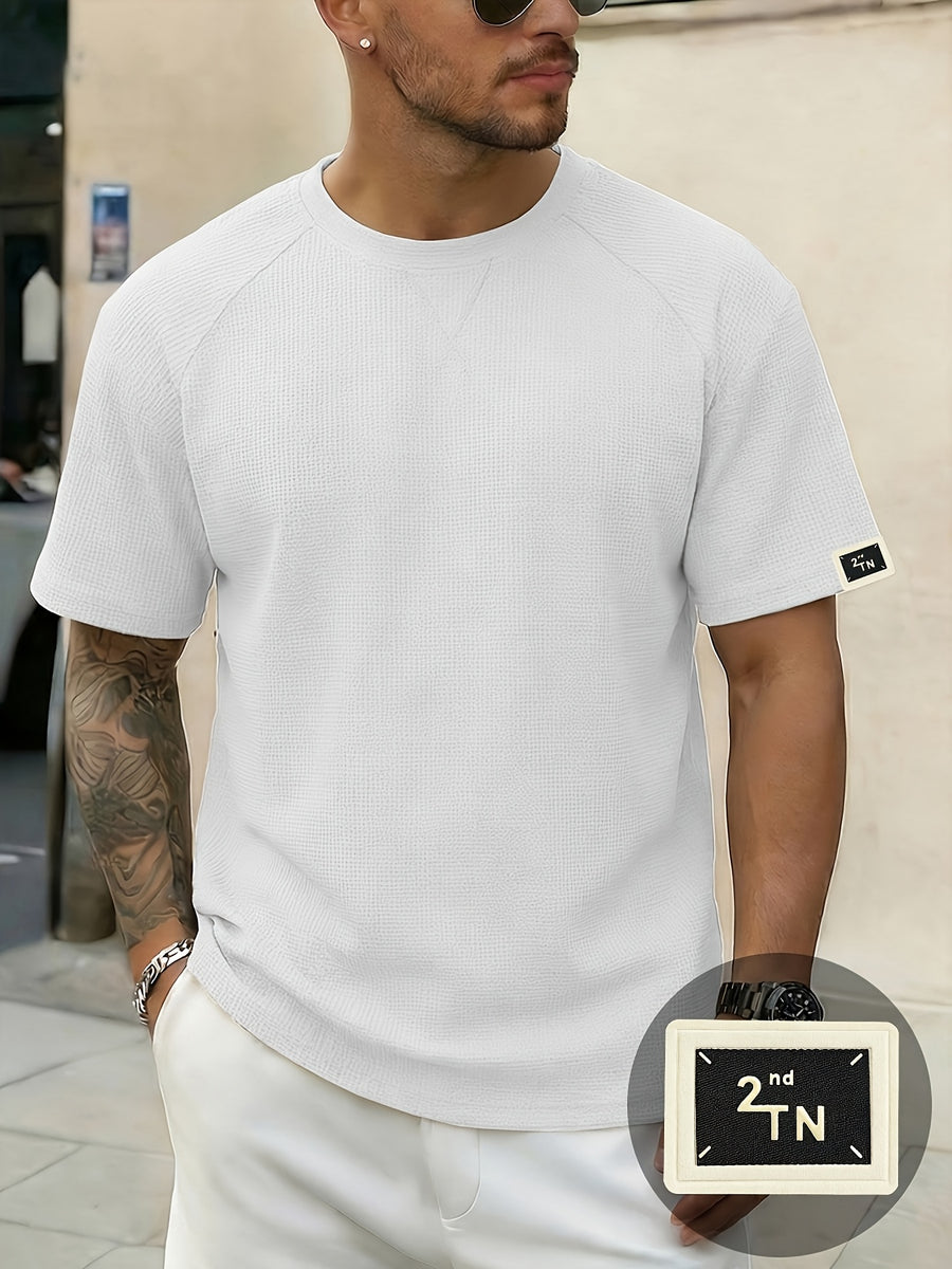 Men'S Waffle Knit Crew Neck T-Shirt, Lightweight And Breathable Short Sleeve Casual Tee with Premium Fashion Handcrafted Labeling. Comfortable Loose-Fit Summer Top Perfect for Daily Wear, Street Style, Vacations, Travel, Outdoor Activities - White