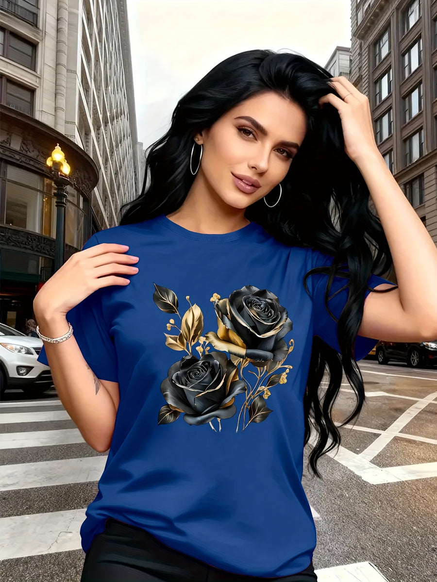 A Stylish And Breathable T-Shirt Featuring a Luxurious Vintage Design with a Black And Golden Rose Pattern, Perfect for Family Trips, Campus Events, Casual, Daily Commutes, Matching Outfits for Sisters, And Versatile Wear - Blue