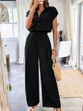 Women'S Spring Summer Fall Solid Basic Wide-Leg Jumpsuit - Black