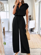 Women'S Spring Summer Fall Solid Basic Wide-Leg Jumpsuit - Black