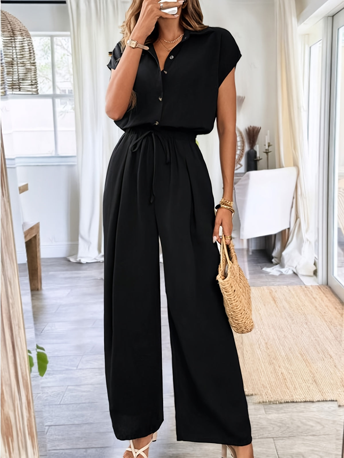 Women'S Spring Summer Fall Solid Basic Wide-Leg Jumpsuit - Black