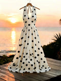 Women'S Retro Polka Dot Halter Neck Deep V Long Dress, Elastic Waist Flowing Full Skirt, Evening Beach Vacation Dress - Multicolor