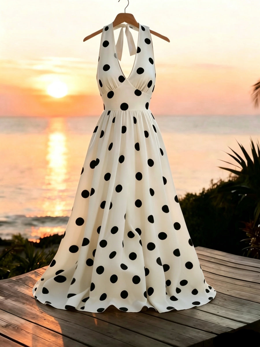 Women'S Retro Polka Dot Halter Neck Deep V Long Dress, Elastic Waist Flowing Full Skirt, Evening Beach Vacation Dress - Multicolor