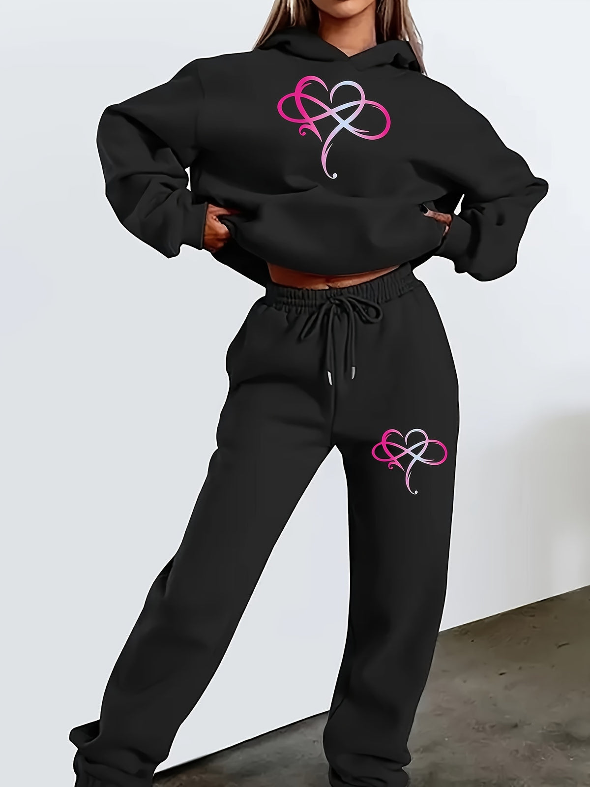 1 Set 2pcs Set Suitable for Autumn Winter Fashion Women'S Elegant Beautiful Y2K Style Gradient Heart Pattern Print Hooded Fleece Sweatshirt And Fleece Long Pants Set Hooded Pullover Long Sleeve Fleece Lined Casual Athletic Top with Fleece Long Pants - Black