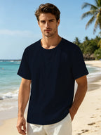 Men'S Summer Short-Sleeve T-Shirt Set, 2Pcss Beach Casual Breathable Top, Easy Design for Pool Parties And Beach Vacations, Ideal Gift for Beachwear, Daily Casual Relaxed (2Pcss Set) - White+Navy Blue