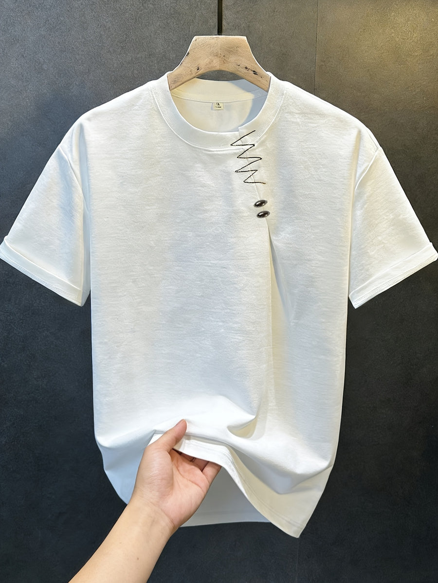 New Summer High-End Heavyweight Short-Sleeve T-Shirt for Men, Premium Embroidered Minimalist Style Crew Neck Top for Outer Wear - White
