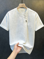 New Summer High-End Heavyweight Short-Sleeve T-Shirt for Men, Premium Embroidered Minimalist Style Crew Neck Top for Outer Wear - White