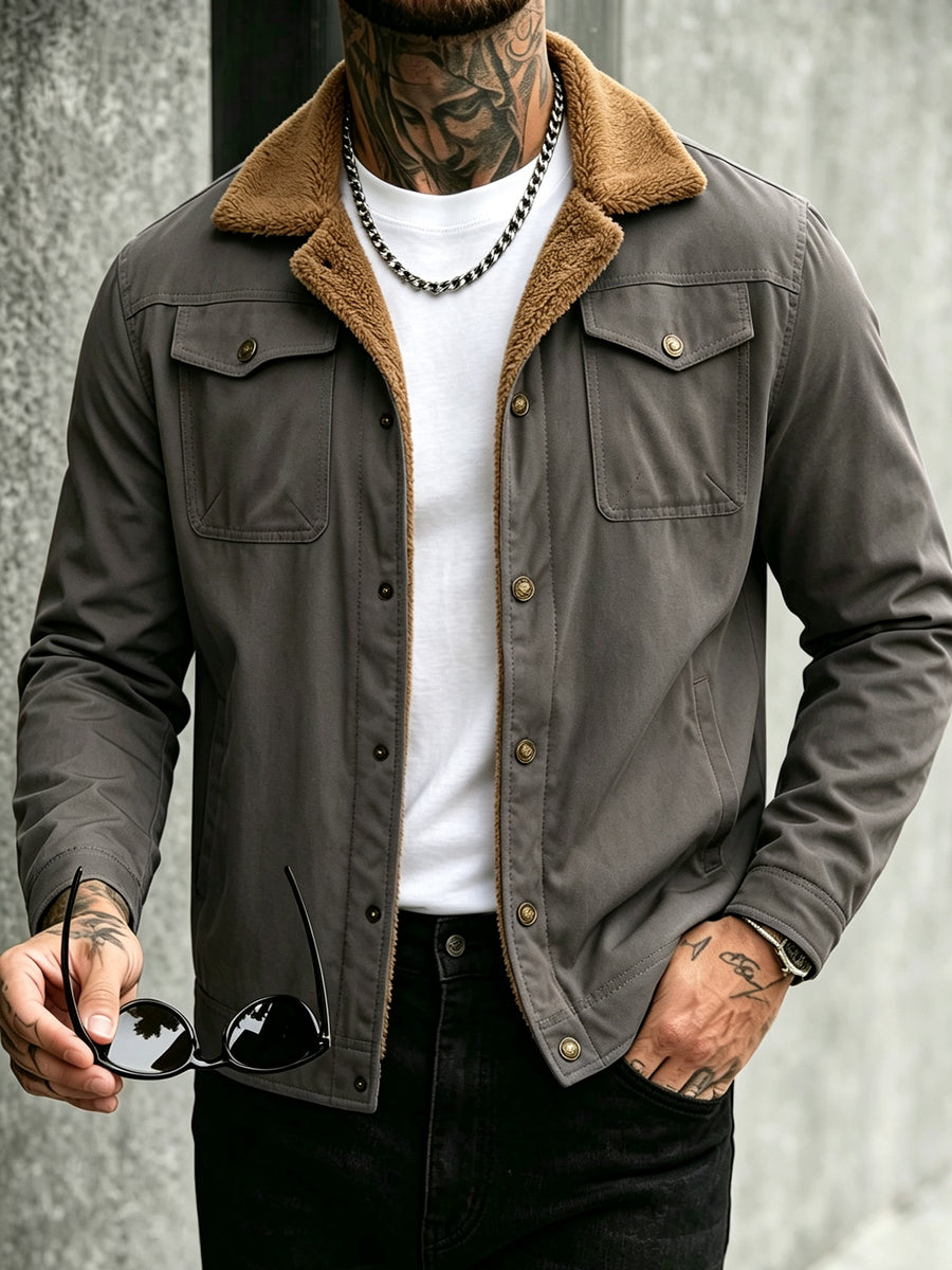 2026 European American New Men'S Mature Stable Fleece Warm Jacket Cargo Casual Easy Outing Commuting Coat - Grey