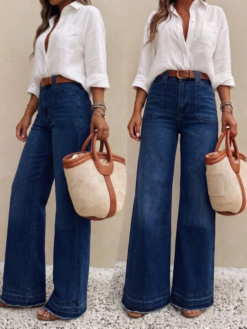 Women'S Casual Wide-Leg Jeans, Elegant And Fashionable Long Style, with Pockets, High-Waisted High-Elastic Washed Fabric/Formal Wear/Business Casual/Y2K/Loose/Straight-Leg/Wide-Leg/Denim Outfits/Office Outfits/Casual Outing Women'S Denim Pants - Deep Blue