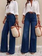 Women'S Casual Wide-Leg Jeans, Elegant And Fashionable Long Style, with Pockets, High-Waisted High-Elastic Washed Fabric/Formal Wear/Business Casual/Y2K/Loose/Straight-Leg/Wide-Leg/Denim Outfits/Office Outfits/Casual Outing Women'S Denim Pants - Deep Blue