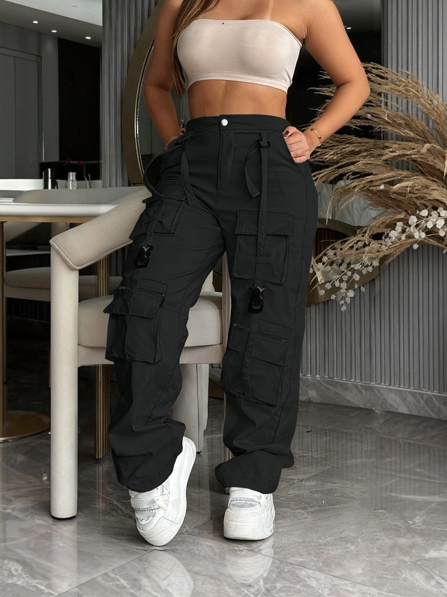 Multi-Pocket Cargo Pants, Retro Straight Wide-Leg Casual Trousers, Fashionable Trendy for Outings And Home - Black