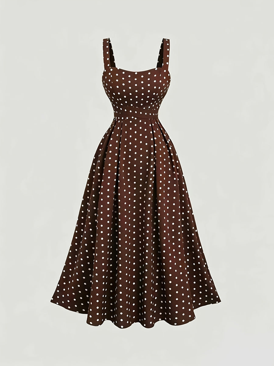 Vintage Elegant Polka Dot Cami Dress, Back Ruched Waist Tie-Up Slim Fit, Date Vacation Daily Commute Outfit, Graduation Season Concert - Dark Brown