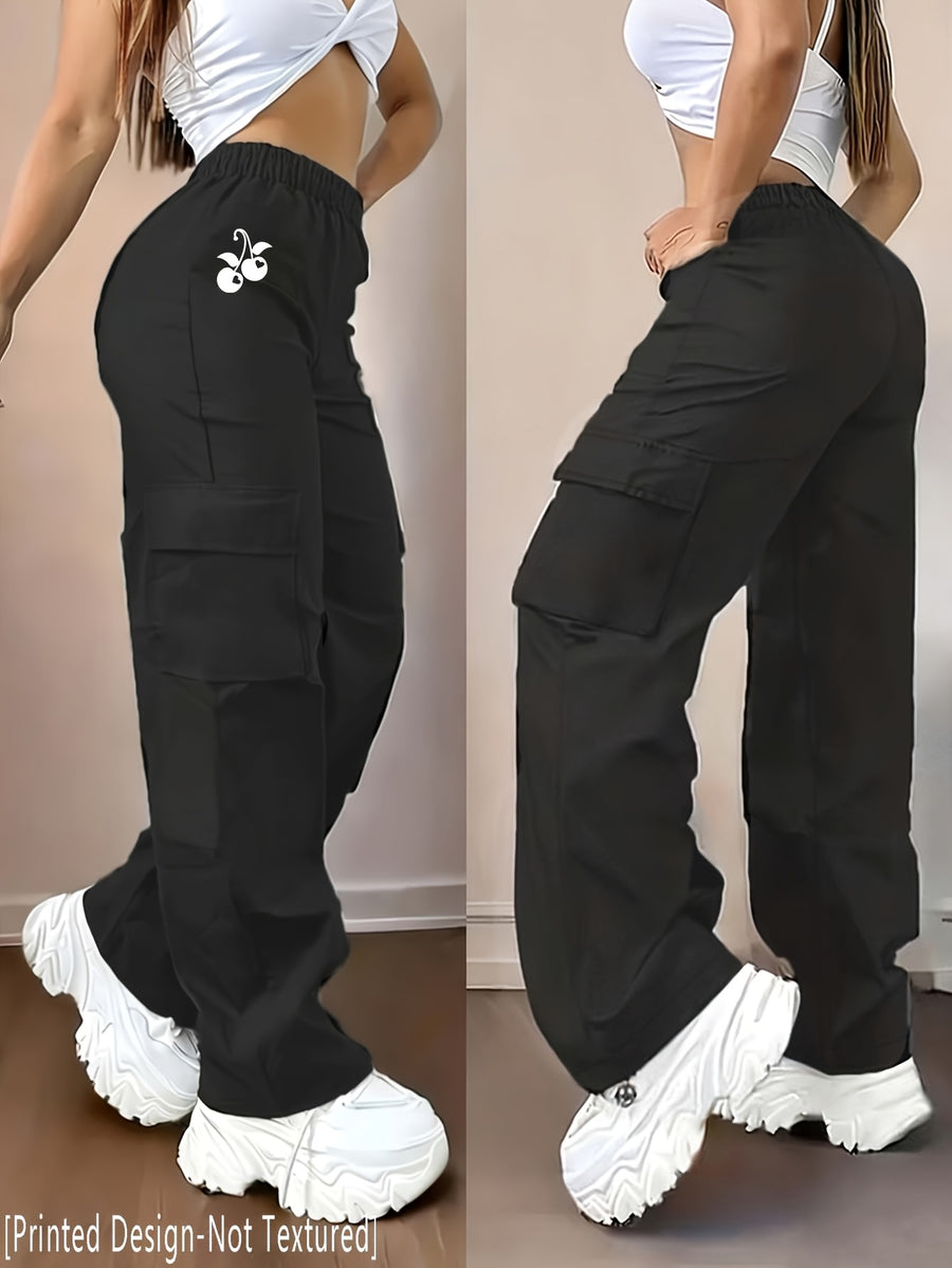 Women's Casual Trousers with a Creative Heart and Cherry Print Design, Fashionable Cargo Pants - D355-WHY2075 - Black