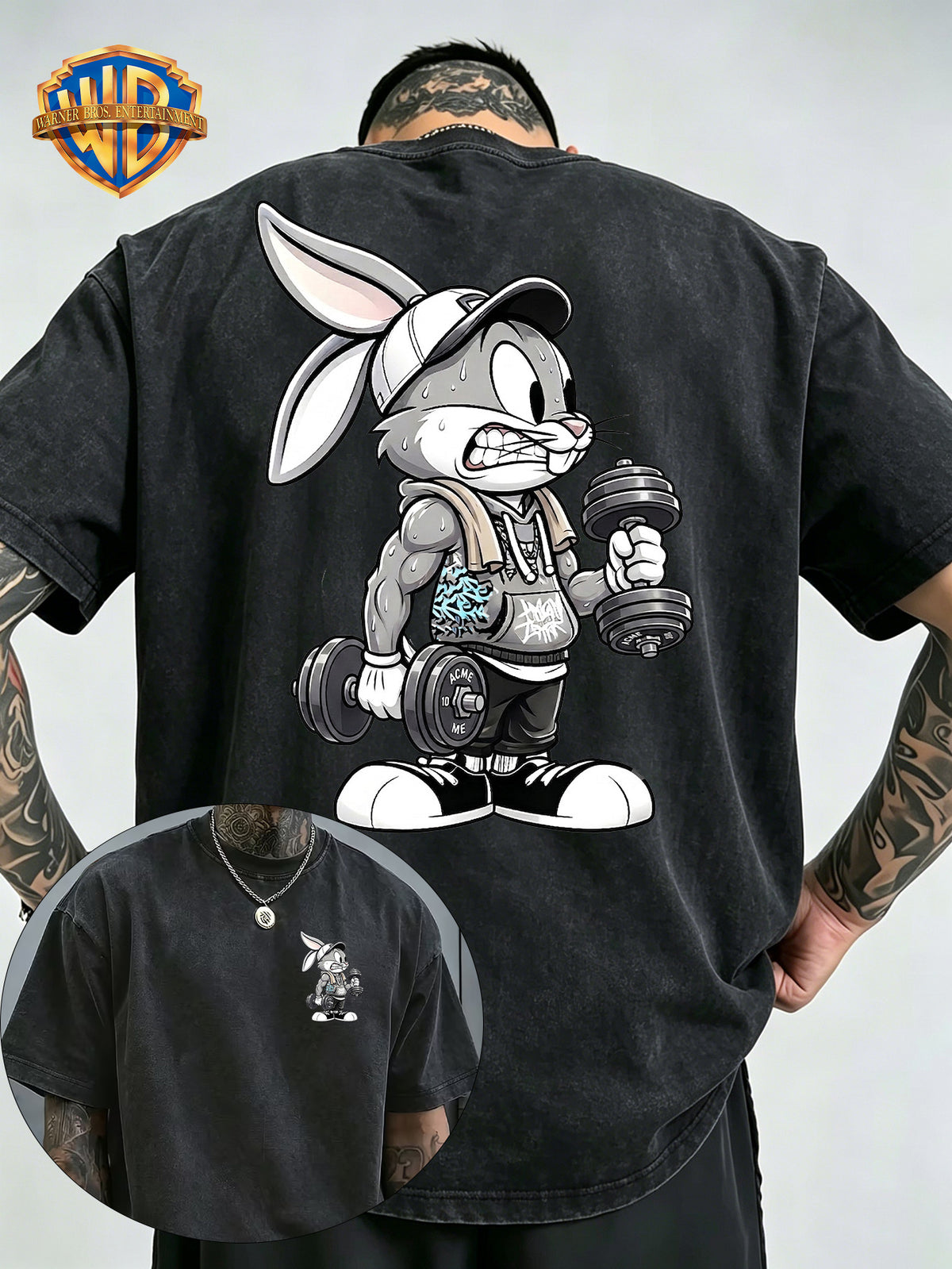 Fitness Weightlifting Rabbit Boggie Front And Back Double Print Washed T-Shirt, Washed Distressed Vintage Short Sleeve Style Le Yitong Anime Casual Top, Men'S 100% Washed Casual Comfortable Style Full Match Loose Summer Short Sleeve T-Shirt - Black