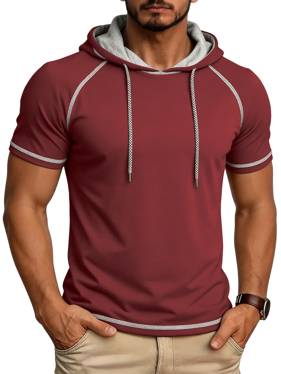 Summer Cross-Border Western Men'S Hooded Short-Sleeve T-Shirt, Color-Block Foreign Men'S Athletic Top - Burgundy