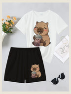 2pcs Women's Spring Summer Short Sleeve & Shorts Matching Outfit - Capybara Print Pajamas Gym Wear Sleepwear, Soft Breathable Pajamas, Valentine's Day Gift, Machine Washable 2pcs Set - White+black