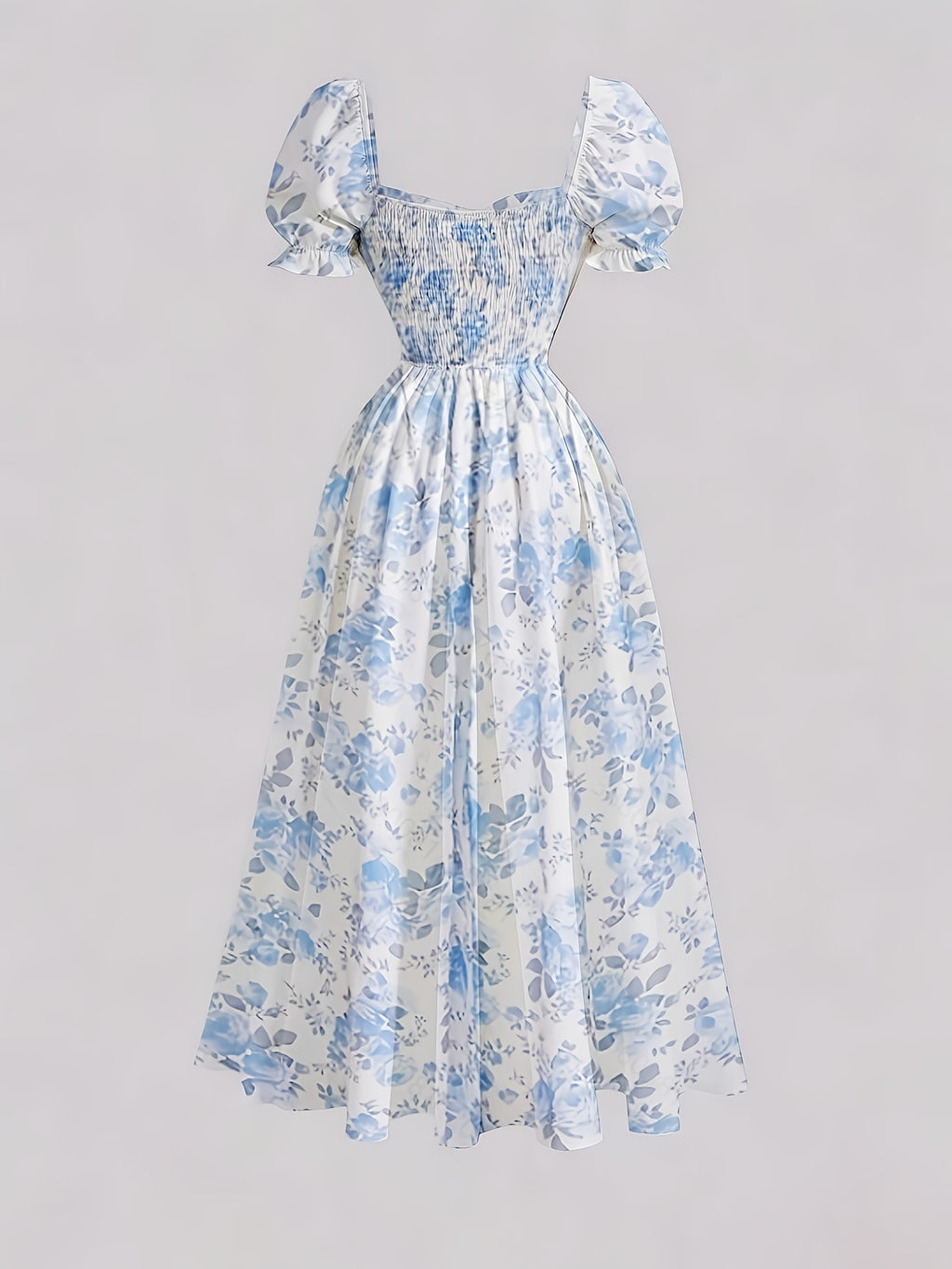 Ladies' New Spring And Summer Elegant Floral Print Long Dress, Bubble Sleeve Design, Front Waist Tie, Back Waist Shirred Waist, Elegant And Flowing, Romantic Long Dress, Suitable for Daily Wear, Party Gatherings, Vacation Holidays - Light Blue