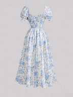 Ladies' New Spring And Summer Elegant Floral Print Long Dress, Bubble Sleeve Design, Front Waist Tie, Back Waist Shirred Waist, Elegant And Flowing, Romantic Long Dress, Suitable for Daily Wear, Party Gatherings, Vacation Holidays - Light Blue