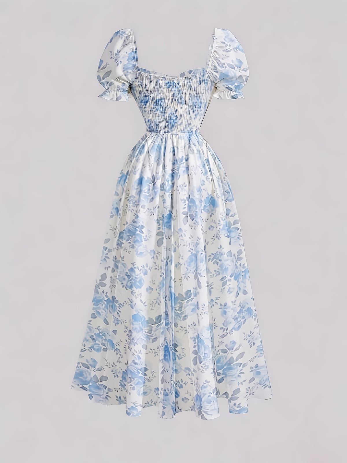 Ladies' New Spring And Summer Elegant Floral Print Long Dress, Bubble Sleeve Design, Front Waist Tie, Back Waist Shirred Waist, Elegant And Flowing, Romantic Long Dress, Suitable for Daily Wear, Party Gatherings, Vacation Holidays - Light Blue