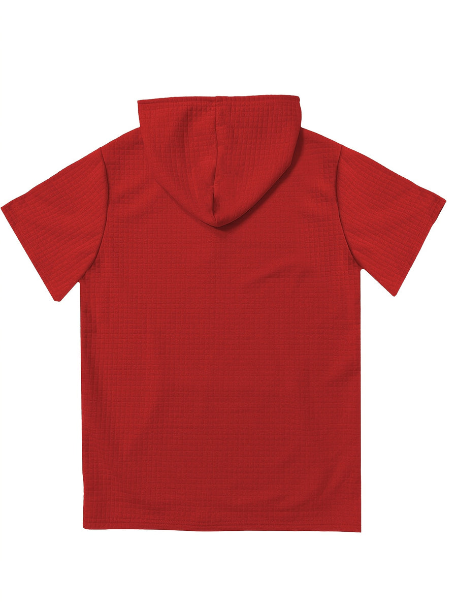 3pcs Men's Waffle Knit Short Sleeve Hoodie with Kangaroo Pocket, Soft and Breathable Fabric, Multiple Color Options, Versatile for Daily Wear, Simple and Stylish Casual Sportswear, Suitable as Matching Family Outfits, Great Choice for Gifts - Red + Red + Red
