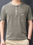 New Summer Men's Short-Sleeve Henley Shirt with Washed Distressed Finish, Waffle Knit Texture, Business Casual T-Shirt with Pocket - Gray Green