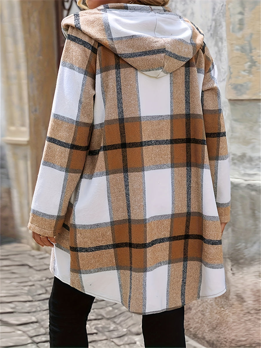 Plus Size, Plus Size Plaid Hooded Zip-Up Jacket - 【Brown】