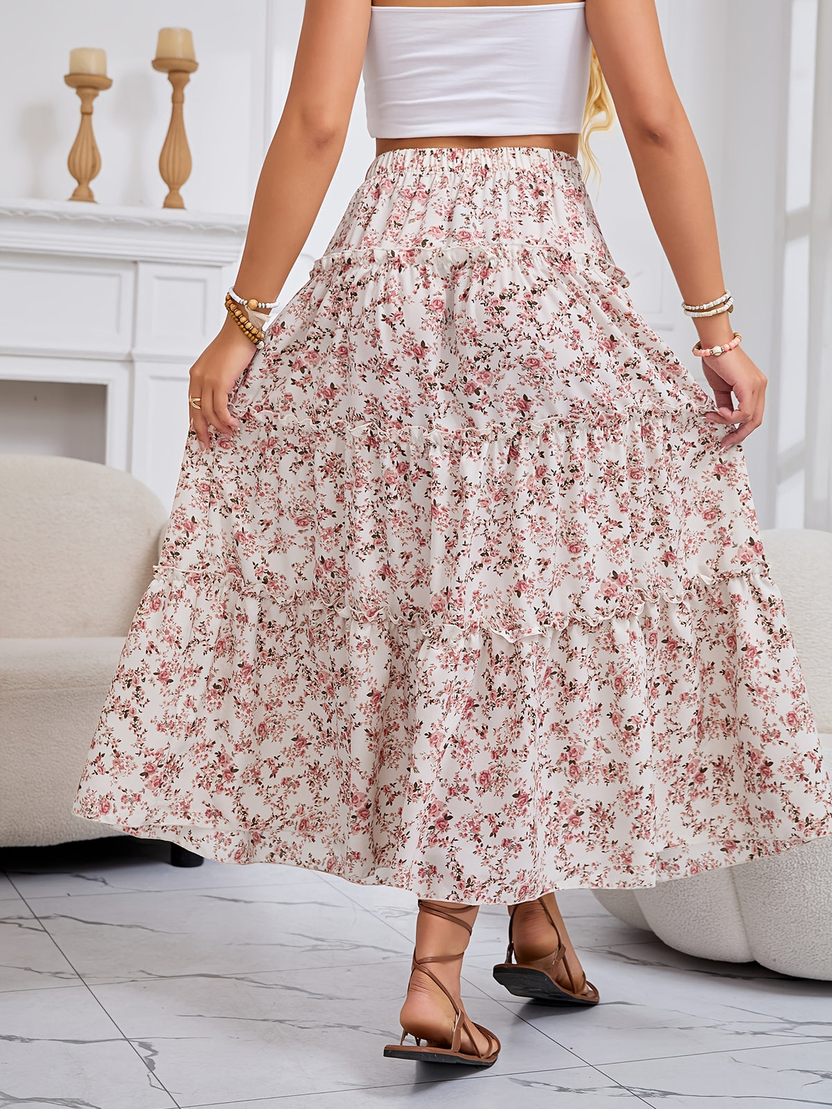 Women'S Spring And Summer Holiday Floral Print A-Line Skirt - Apricot