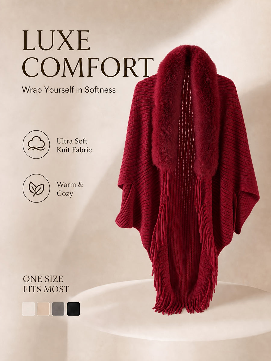 Women's Loose-fitting, Batwing-sleeve, Cape-style Cardigan; a Reversible Wrap with a Shawl Collar-a Stylish Piece for Casual Attire and a Great Gift for Autumn and Winter. - Deep Red