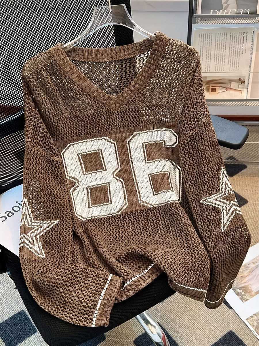 New Fashion Women'S Casual Trendy Cool Style Solid Color Number Star Mesh Shirt Daily Versatile Shopping Outfit Women'S Spring And Summer V-Neck Long-Sleeved Loose Long-Sleeved Pullover - 【Brown】