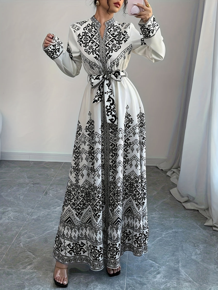 Retro Ethnic Style Long-Sleeve Printed Dress with Ties, Featuring an Elegant Long Design - Black