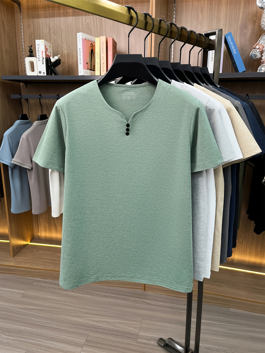 [Qiaoximei OBM] Summer New Men'S Henley Shirt, Collarless Solid Color Top, Faux Button Decoration, Golf Casual Wear, Suitable for Outings And Casual Wear, Men'S Gift - Olive Green