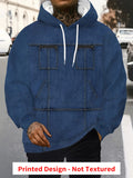 Men's Faux Denim Workwear Style Hooded Sweatshirt, Streetwear Trend Drawstring Hoodie, Imitation Denim Pocket Print Design  Pullover - Mixed colors