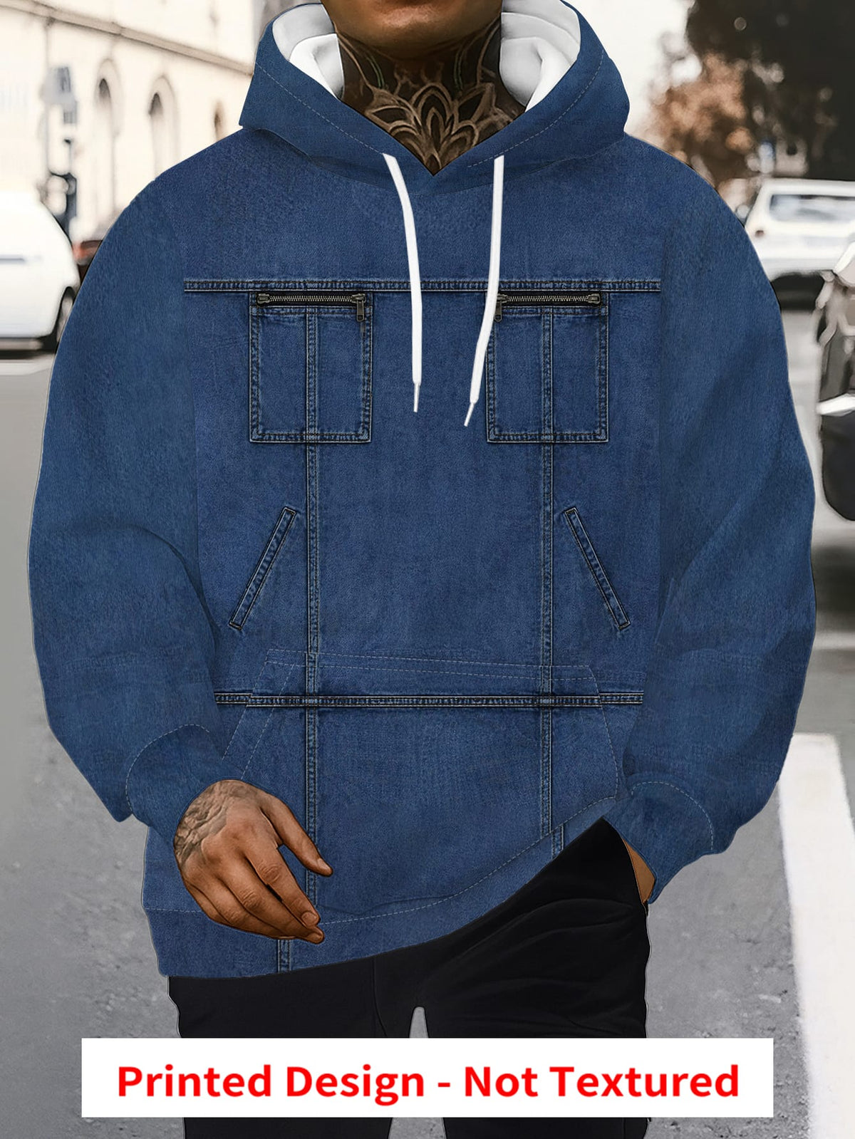Men's Faux Denim Workwear Style Hooded Sweatshirt, Streetwear Trend Drawstring Hoodie, Imitation Denim Pocket Print Design  Pullover - Mixed colors