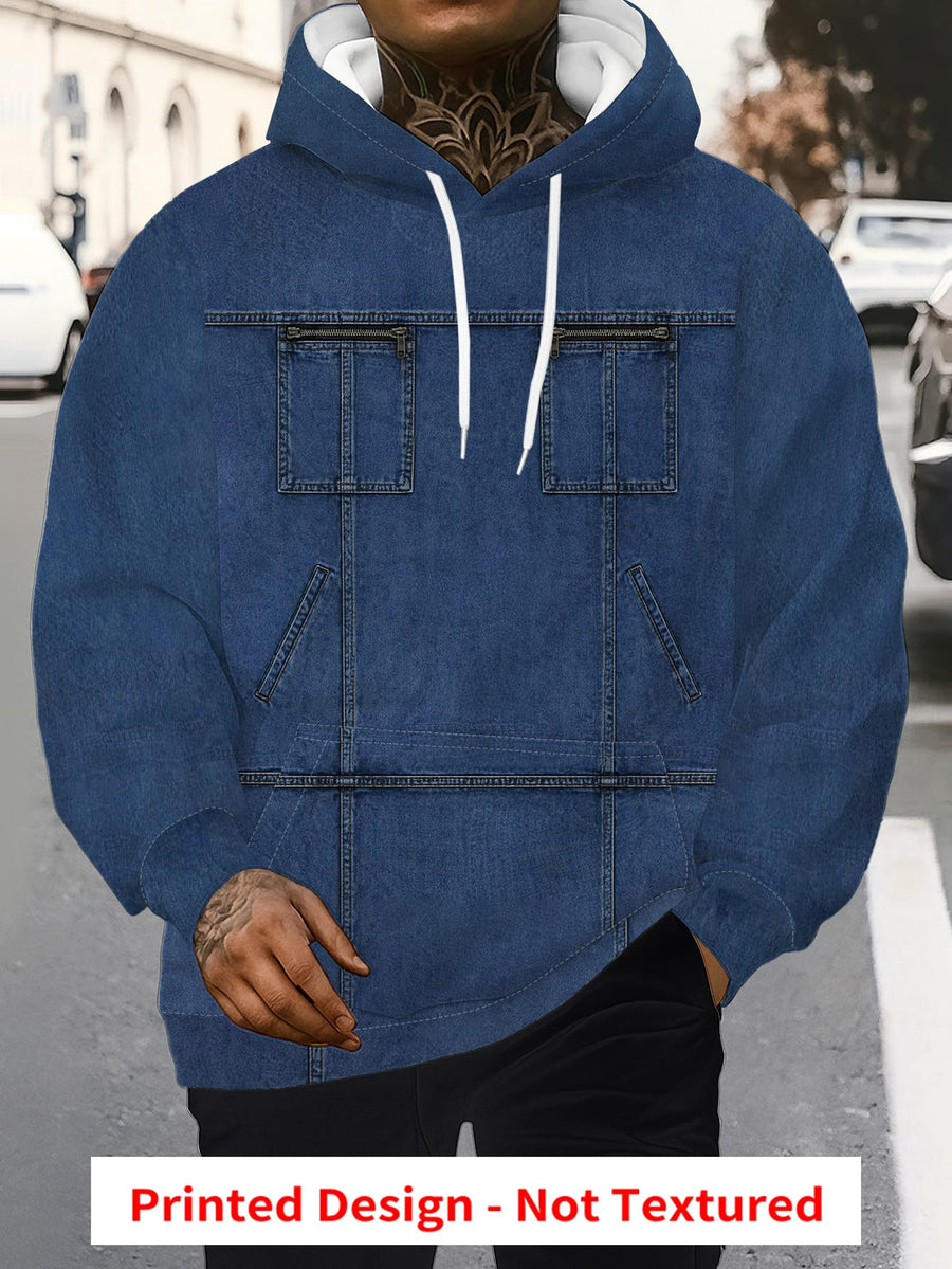 Men's Faux Denim Workwear Style Hooded Sweatshirt, Streetwear Trend Drawstring Hoodie, Imitation Denim Pocket Print Design Pullover - Mixed colors