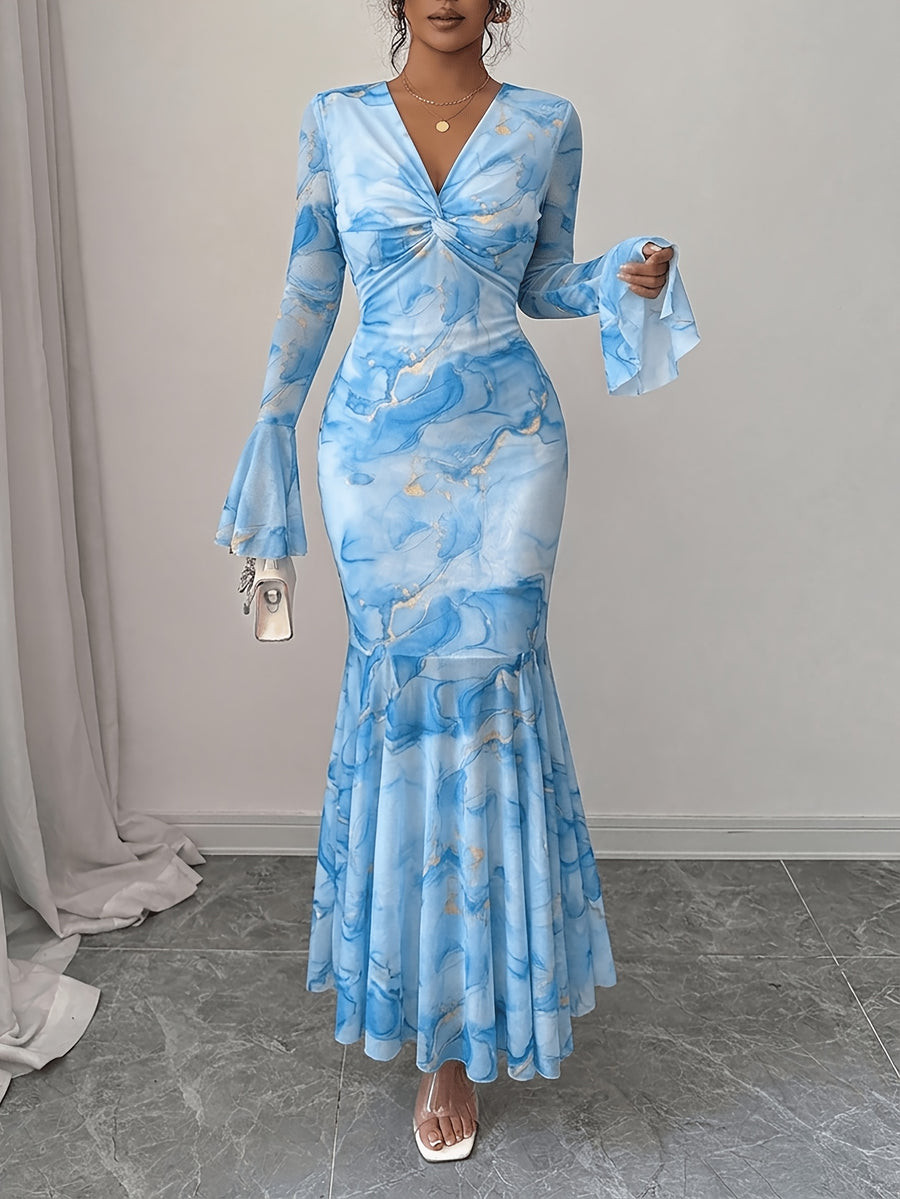 New French Casual Print Tie-Dye Golden Trim Mesh V-Neck Twist Knot Flare Sleeve High-End Elegant Slim Fit Women'S Long-Sleeved Dress, Suitable for Daily Wear And Valentine'S Day Autumn Dress - Sky Blue