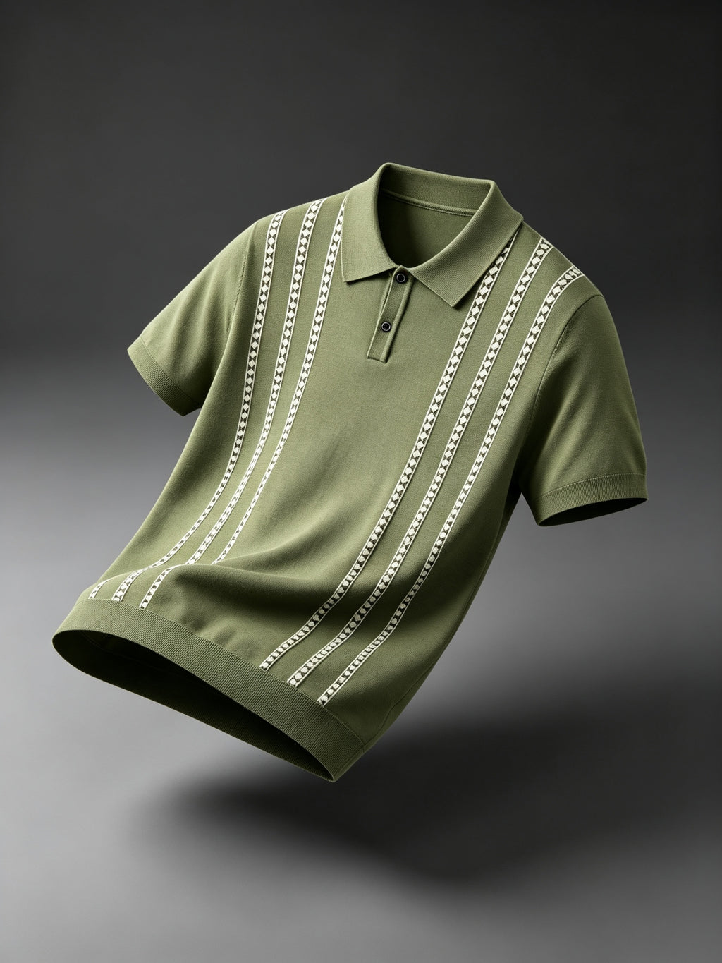 Luxury Fine Vertical Jacquard Pattern Collared Knit Polo for Men, Breathable Soft Short Sleeve Slim Blouse, Comfort Casual Top for Daily Street Weekend Hangout - Green