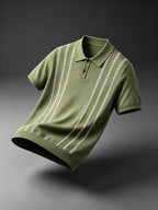 Luxury Fine Vertical Jacquard Pattern Collared Knit Polo for Men, Breathable Soft Short Sleeve Slim Blouse, Comfort Casual Top for Daily Street Weekend Hangout - Green