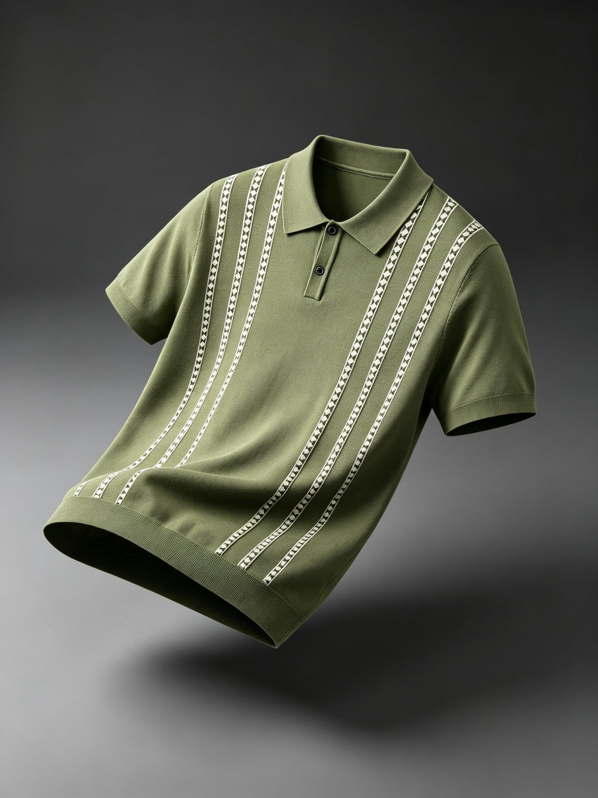 Luxury Fine Vertical Jacquard Pattern Collared Knit Polo for Men, Breathable Soft Short Sleeve Slim Blouse, Comfort Casual Top for Daily Street Weekend Hangout - Green
