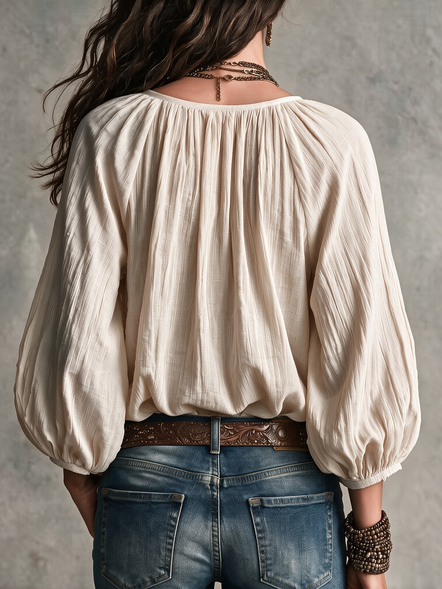 Western Cowgirl Bohemian Loose Blouse for Women, Crinkle Textured Fabric Half Placket Wooden Button Top, Lantern 3/4 Sleeve Flowy Beach Holiday Shirt - Apricot