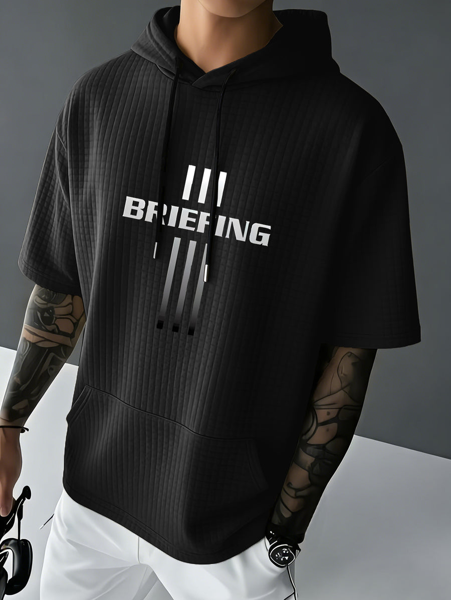 BRIEFING Men's Waffle Knit Short Sleeve Hoodie Top, Comfortable Printed Drawstring Sweatshirt T-Shirt with Pocket, Summer Casual Fashion Men's Apparel, Suitable for Outings and Home Wear, Suitable for Daily and Formal Wear, Simple Summer Fashion - Black
