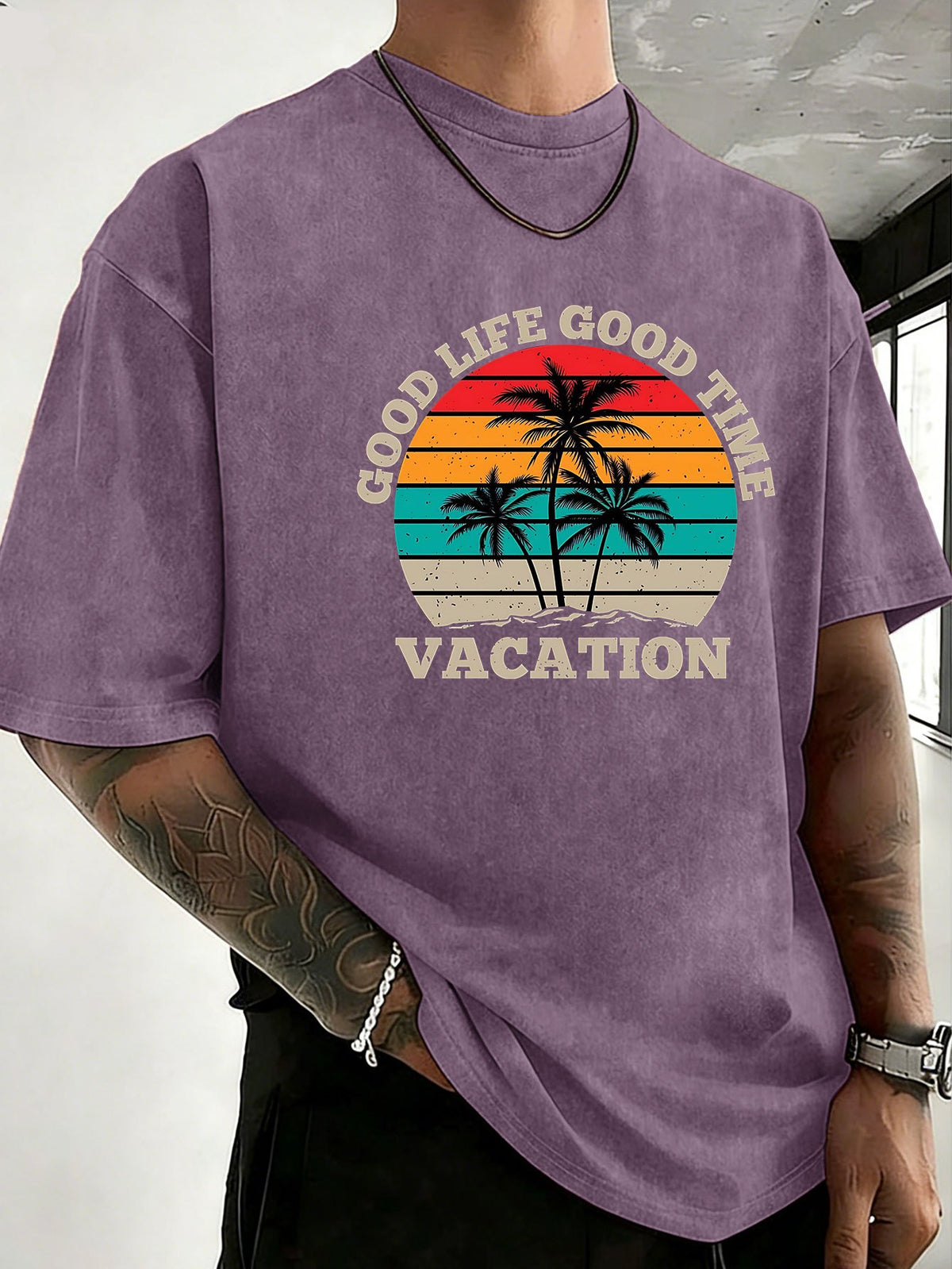 Loose Short Sleeve T-Shirt Men'S Heavyweight Pure Washed Distressed Top Trendy Double-Sided Print 12 Colors Free to Match Street Hip-Hop Style Casual Outing Sports Fitness Commuting Couple Style American Street Short Sleeve - Purple
