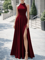 2026 New Women's Elegant Socialite Style Halter Neck High Slit Sleeveless A-Line Evening Gown, Wedding Bridesmaid Banquet Party Long Dress - Burgundy