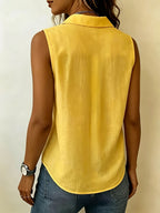 Pleated Design Statement Sleeveless Shirt, Women'S Lapel V-Neck Loose All-Match Summer Commute Top - Yellow