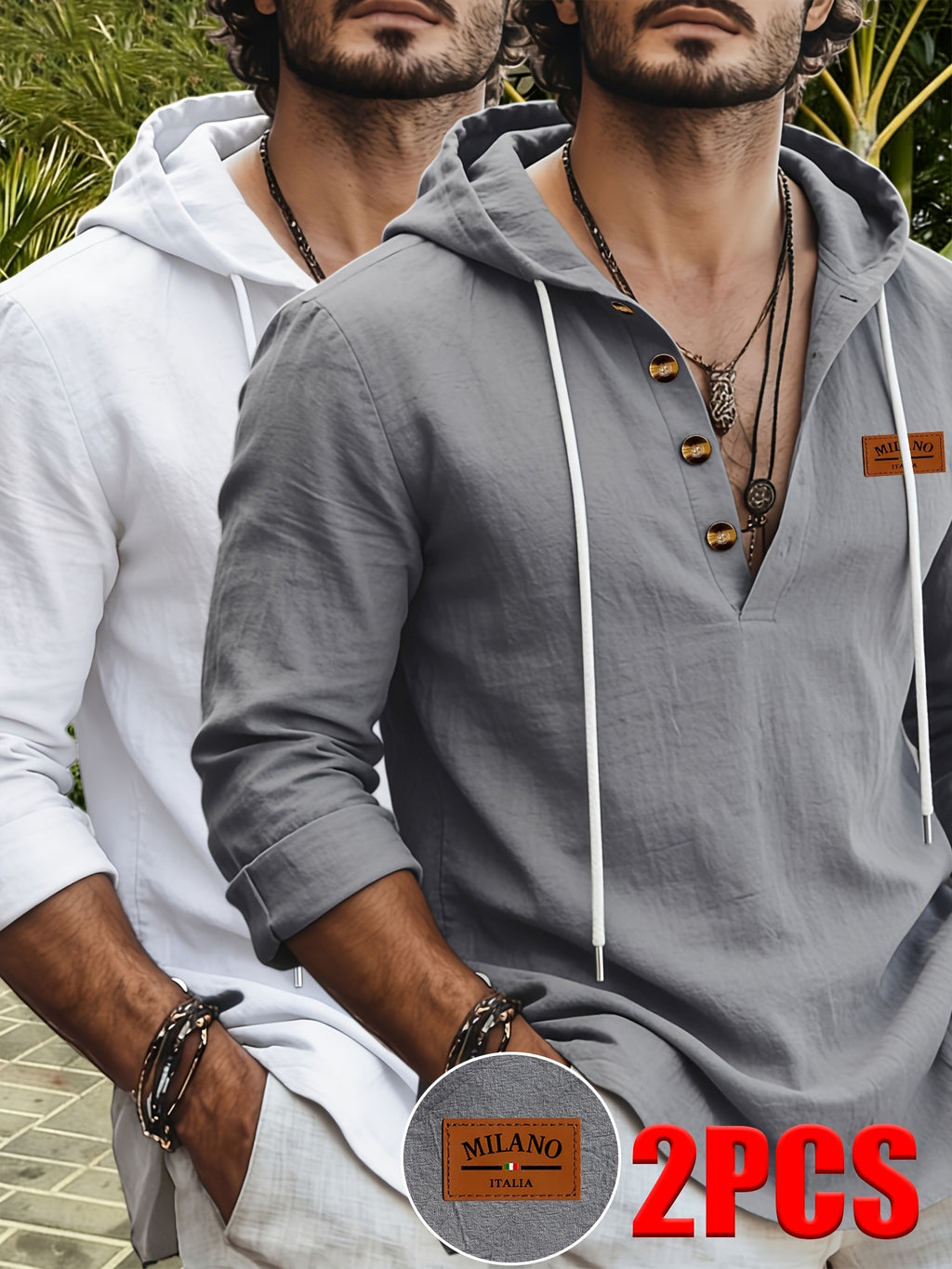 Men's Fashion Hoodie, Linen Long Sleeve Hooded Top Shirt, Henley Shirt, Linen Texture Hooded Henley Long Sleeve Shirt for Men, Half-Zip Wood Button Drawstring Hoodie, Vacation Style Loose Fit with Roll-Up Sleeves, Casual Top, 2pcs Set - Light White+Grey