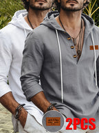 Men's Fashion Hoodie, Linen Long Sleeve Hooded Top Shirt, Henley Shirt, Linen Texture Hooded Henley Long Sleeve Shirt for Men, Half-Zip Wood Button Drawstring Hoodie, Vacation Style Loose Fit with Roll-Up Sleeves, Casual Top, 2pcs Set - Light White+Grey